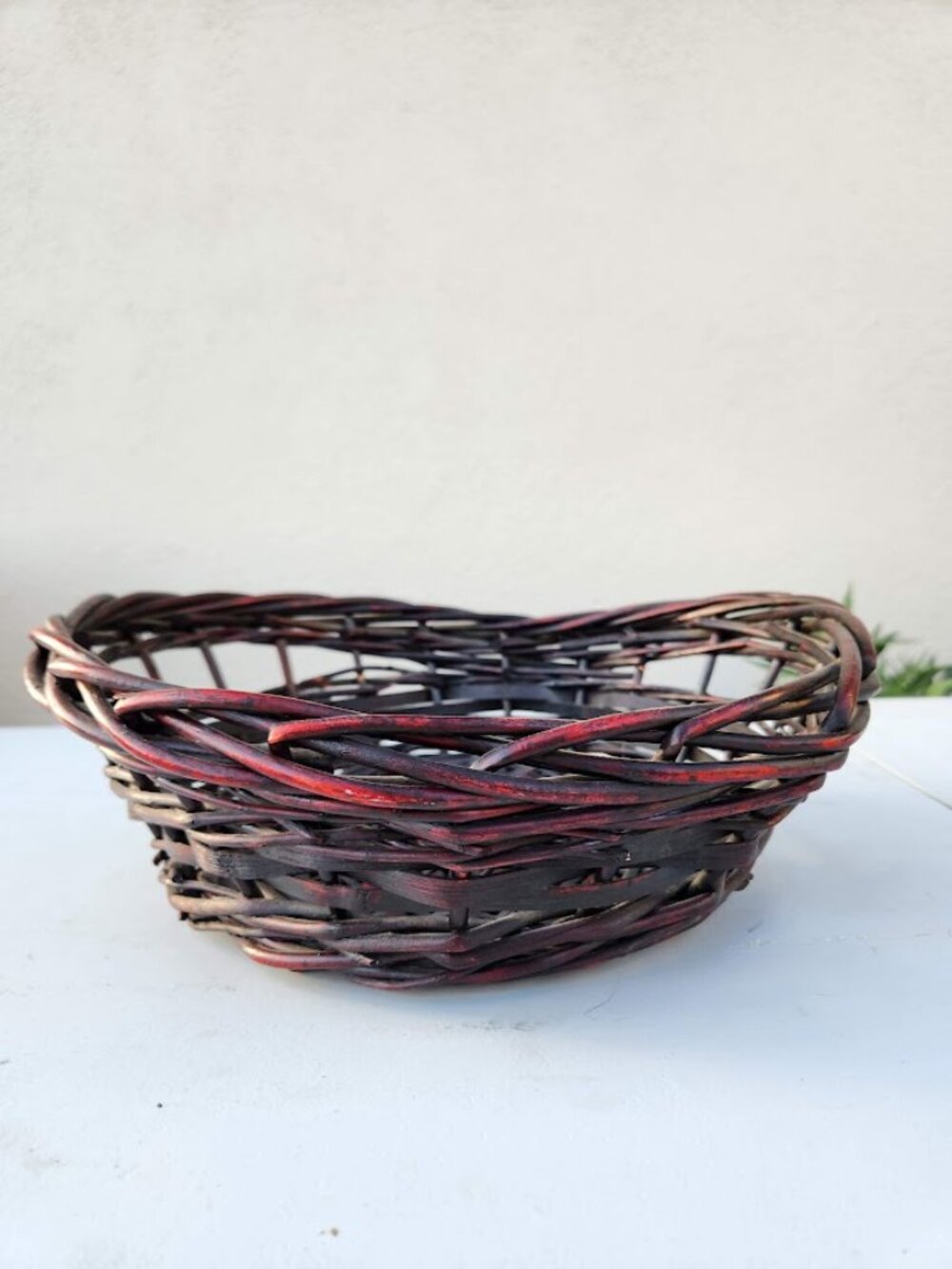 Vintage Woven Willow Basket Rustic Home Decor Storage Tray Burgundy Wicker